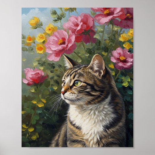 Fotorealistische kat & bloemen | Olie-impressionis Poster (Voorkant)