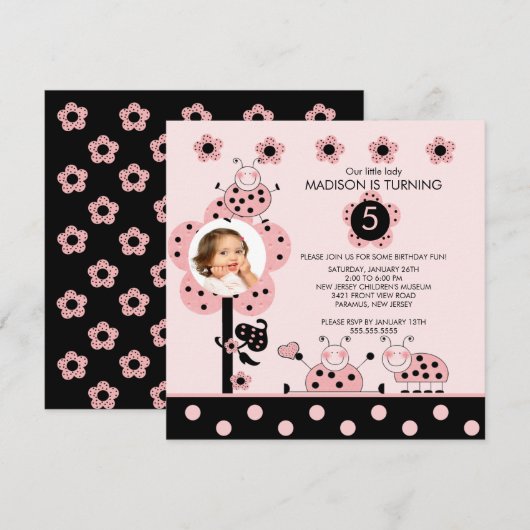 Fotoroze en zwarte luibugs uitnodiging van afgelop (Voorkant / Achterkant)