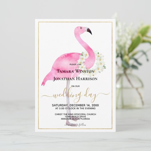 Fotoroze Flamingo Magnolias Beach Weddenschap Kaart (Staand voorkant)
