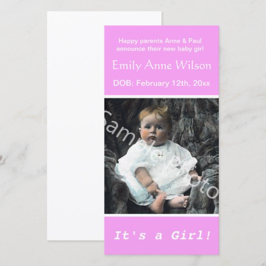 Fotoroze mededeling van de baby. Voeg je foto toe Aankondiging (Voorkant / Achterkant)