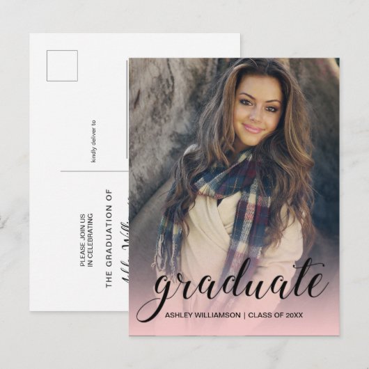 Fotoroze ombre Graduation Party Uitnodiging Briefkaart (Voorkant / Achterkant)