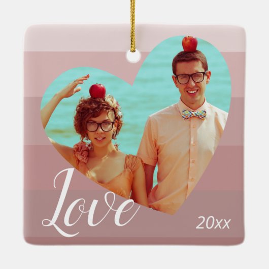 Fotoroze stripe Heart Valentijn Dag Keramisch Ornament (Achterkant)