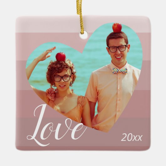 Fotoroze stripe Heart Valentijn Dag Keramisch Ornament (Voorkant)