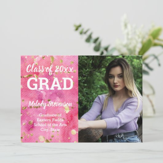 Fotoroze Waterverf Art Afstuderen Kaart (Staand voorkant)