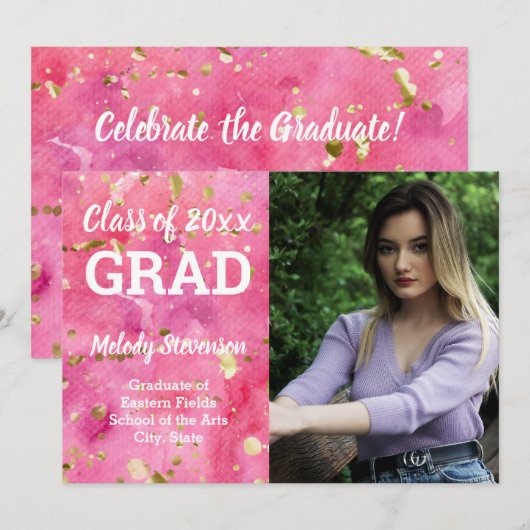 Fotoroze Waterverf Art Afstuderen Kaart (Voorkant / Achterkant)