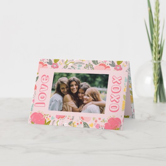 Fotoroze xoxo floral feestdagen kaart (Voorkant)