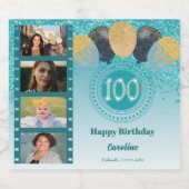 Foto's, 100ste verjaardag Blauwgroen Blue Glitter  Sparkling Wijnetiket (Enkel label)