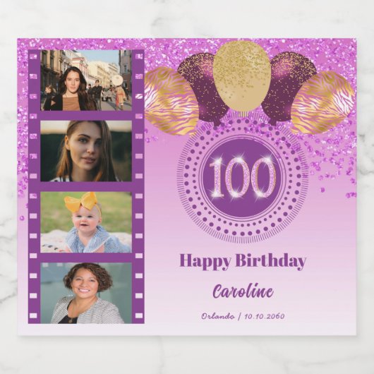 Foto's, 100ste verjaardag Roze Glitter Champagne Sparkling Wijnetiket (Enkel label)