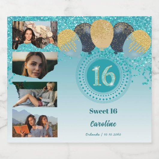 Foto's, 16e verjaardag Blauwgroen Blue Glitter Cha Sparkling Wijnetiket (Enkel label)