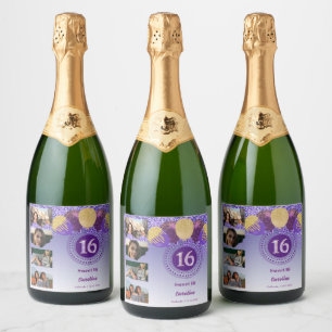 Foto's, 16e Verjaardag Paarse Glitter Champagne Sparkling Wijnetiket