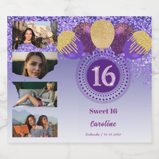 Foto's, 16e Verjaardag Paarse Glitter Champagne Sparkling Wijnetiket (Enkel label)