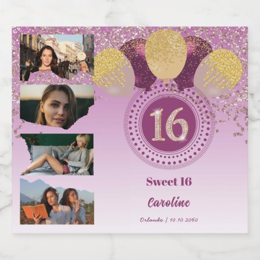 Foto's, 16e Verjaardag Roos Gouden Glitter Champag Sparkling Wijnetiket (Enkel label)