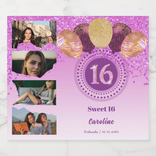 Foto's, 16e Verjaardag Roze Glitter Champagne Sparkling Wijnetiket (Enkel label)