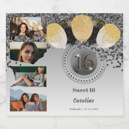 Foto's, 16e Verjaardag Zwart Goud Glitter Champagn Sparkling Wijnetiket (Enkel label)