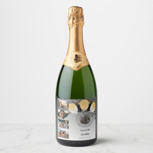 Foto's, 16e Verjaardag Zwart Goud Glitter Champagn Sparkling Wijnetiket (Voorkant)