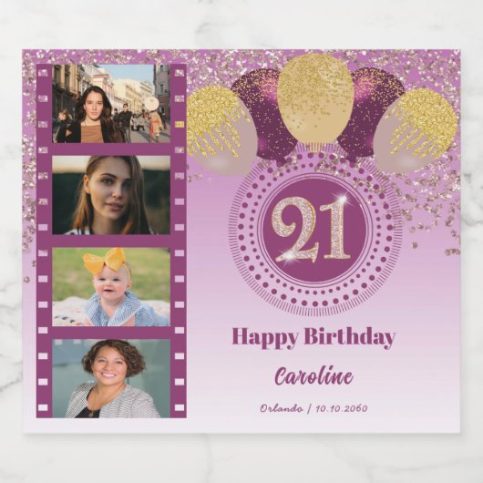 Foto's, 21ste verjaardag Roos Gouden Glitter Champ Sparkling Wijnetiket (Enkel label)