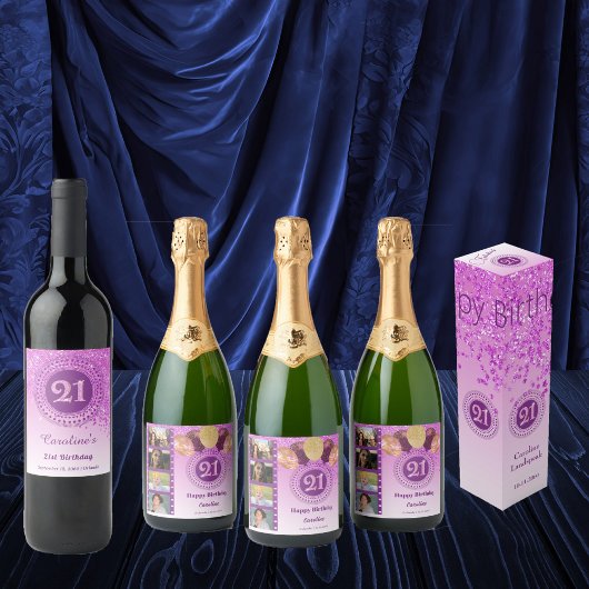 Foto's, 21ste verjaardag Roze Glitter Champagne Sparkling Wijnetiket