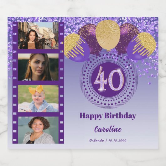 Foto's, 40e verjaardag Paarse Glitter Champagne Sparkling Wijnetiket (Enkel label)