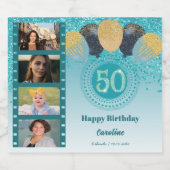 Foto's, 50e verjaardag Blauwgroen Blue Glitter Cha Sparkling Wijnetiket (Enkel label)