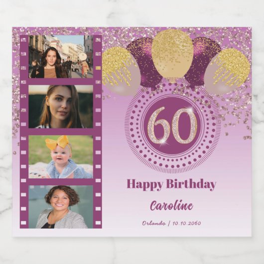 Foto's, 60ste verjaardag Roos Gouden Glitter Champ Sparkling Wijnetiket