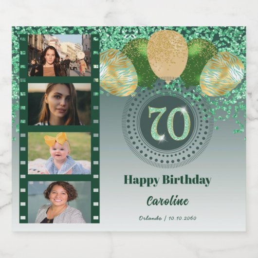 Foto's, 70e verjaardag Groene Glitter Champagne Sparkling Wijnetiket (Enkel label)