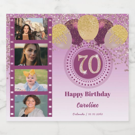 Foto's, 70e verjaardag Roos Gouden Glitter Champag Sparkling Wijnetiket (Enkel label)