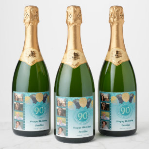 Foto's, 90e verjaardag Blauwgroen Blue Glitter Cha Sparkling Wijnetiket