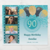 Foto's, 90e verjaardag Blauwgroen Blue Glitter Cha Sparkling Wijnetiket (Enkel label)