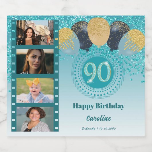 Foto's, 90e verjaardag Blauwgroen Blue Glitter Cha Sparkling Wijnetiket (Enkel label)