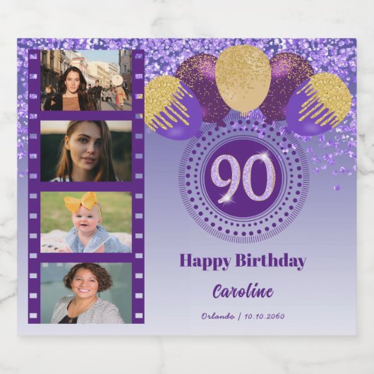 Foto's, 90ste verjaardag Paarse Glitter Champagne Sparkling Wijnetiket (Enkel label)