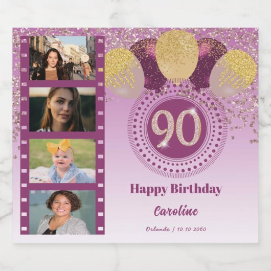 Foto's, 90ste verjaardag Roos Gouden Glitter Champ Sparkling Wijnetiket (Enkel label)