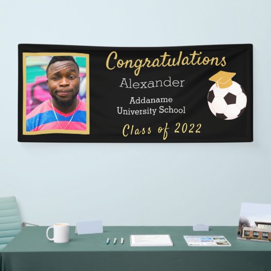 Foto's Afstudeerder Voetbal zwart-wit en goudgrana Spandoek (Beurs)