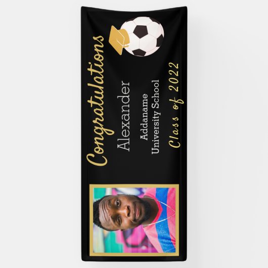 Foto's Afstudeerder Voetbal zwart-wit en goudgrana Spandoek (Verticaal)