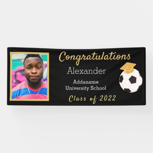 Foto's Afstudeerder Voetbal zwart-wit en goudgrana Spandoek (Horizontaal)