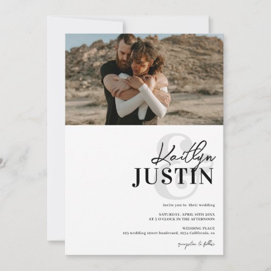 Foto's bold names calligrafie zwarte witte bruilof kaart (Voorkant)