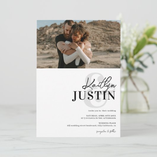 Foto's bold names calligrafie zwarte witte bruilof kaart (Staand voorkant)
