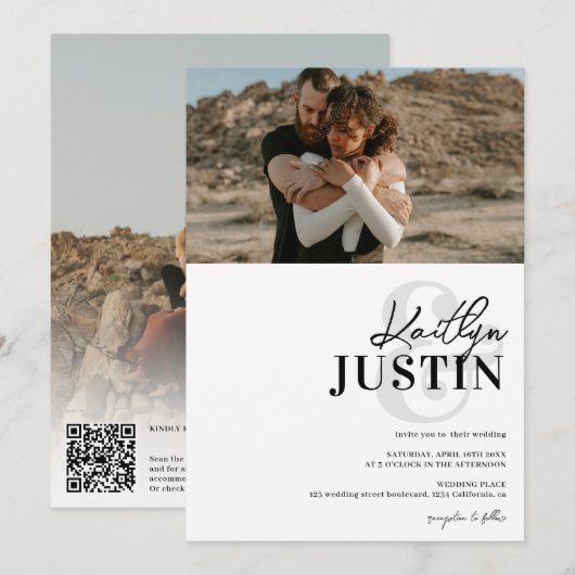 Foto's bold names calligrafie zwarte witte bruilof kaart (Voorkant / Achterkant)