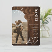 Foto's bold names script arch: bruin hout bruiloft kaart (Staand voorkant)