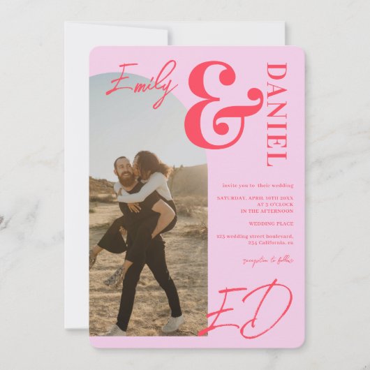 Foto's bold names script retro roze bruiloft kaart (Voorkant)