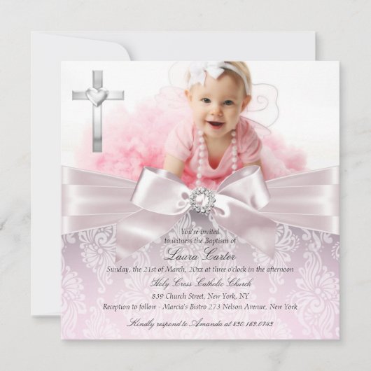  foto's en kruisfoto's Roze Baptisme/Christening Kaart (Voorkant)