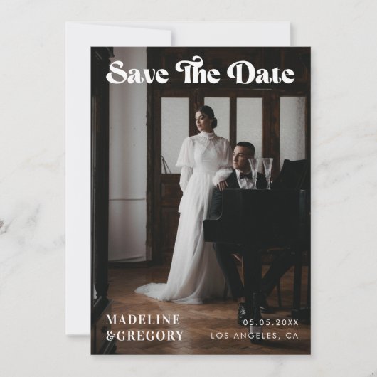  foto's en tekenfilm Typografie Retro 70s Save The Date (Voorkant)