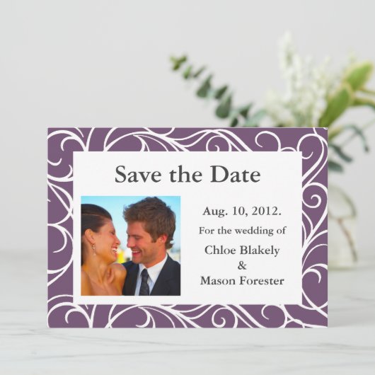 Foto's en zwemmen Sla de datum op (paars) Save The Date (Staand voorkant)