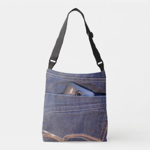 Foto's in blauw demin jeans achterzak crossbody tas