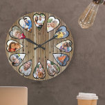 Foto's met hartvorm Modern bruin hout Grote Klok<br><div class="desc">Creëer uw eigen meerfotoklok. Het fotomalplaatje is opstelling voor u om 12 foto's toe te voegen die in een hart gevormd lijst worden getoond. Het ontwerp gebruikt de verticale foto's van het portret voor alle aantallen behalve 3 en 9 die in landschapshorizontaal formaat zijn. Het klokgezicht heeft eenvoudige getallen met...</div>