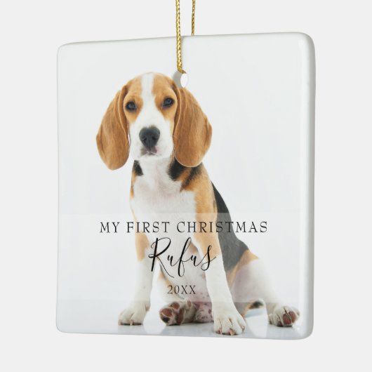 Foto's met moderne script, eerste Kerstmis Keramisch Ornament (Links)