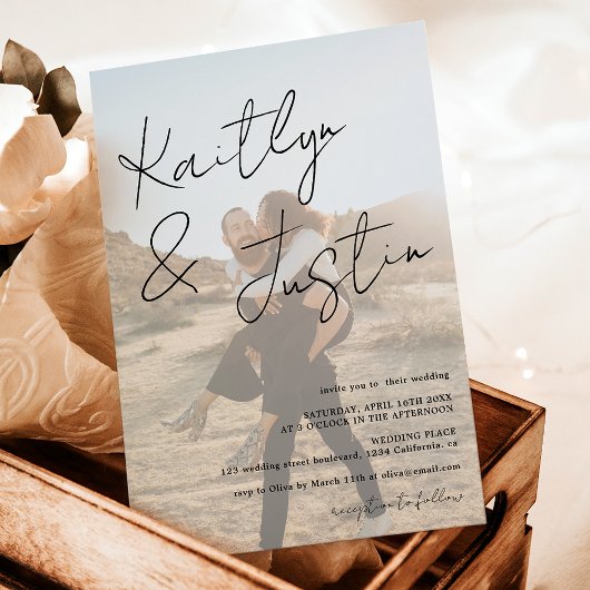 Foto's naam script calligrafie witte zwarte bruilo kaart