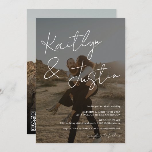 Foto's naam script calligrafie zwarte bruiloft kaart (Voorkant / Achterkant)