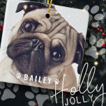 Foto's petten op Bord voor de naam van een hond Keramisch Ornament<br><div class="desc">Voeg huisnaam in playful manuscripttypografie op een eenvoudig bord van de de naamnaam van de hondenbotten toe. Voeg aangepaste petfoto toe.</div>