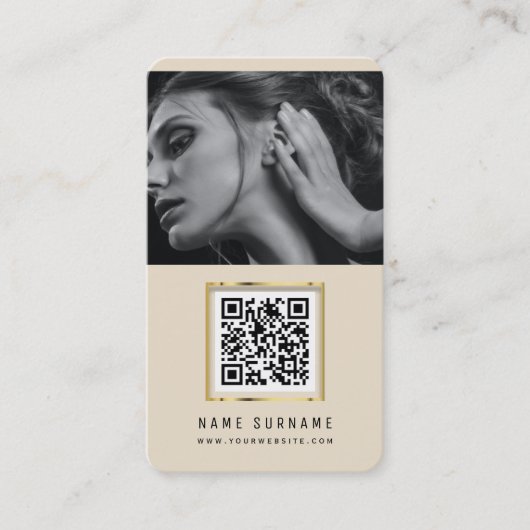 foto's qr code scannable barcode modern beige visitekaartje (Voorkant)
