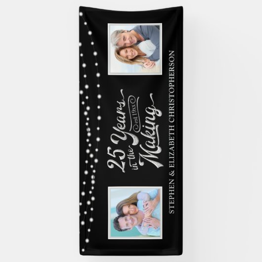 Foto's van 25e Jubileum en nu | Zwarte zilver Spandoek (Verticaal)